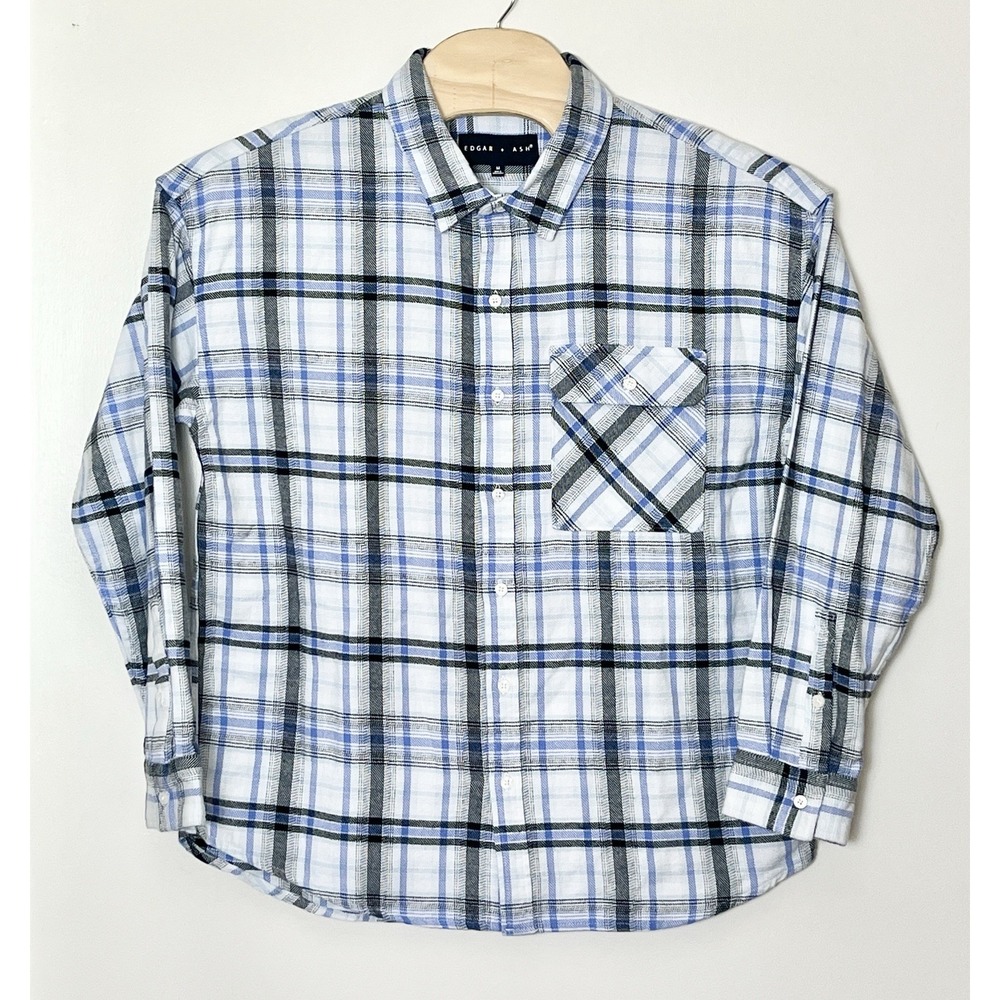 Edgar + Ash Button Up Shirt Men's Medium Blue Plaid Woven Western Oversized‎